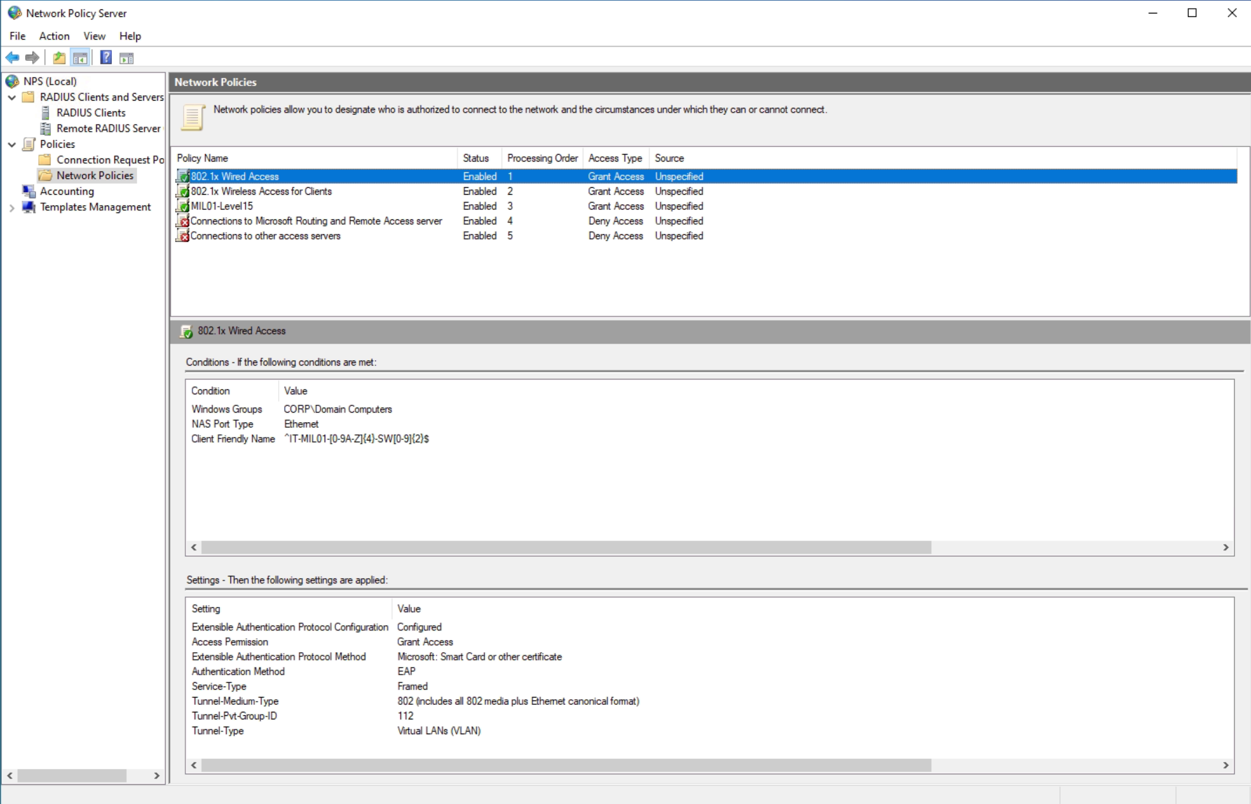 The Microsoft NPS Server showing a policy.