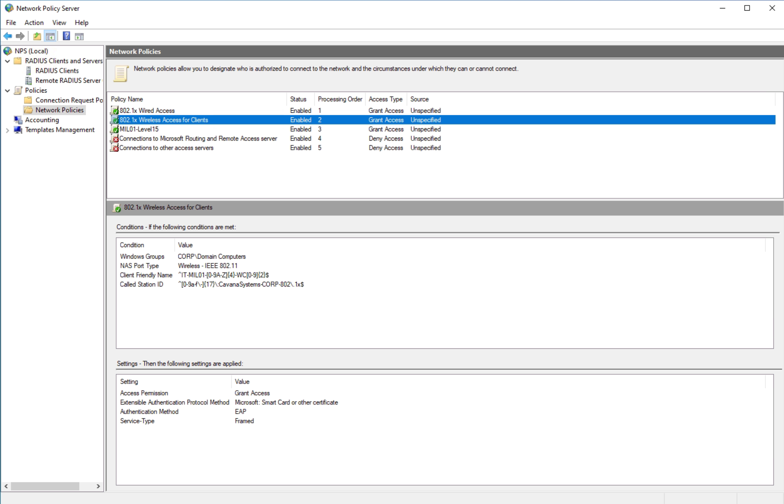 The Microsoft NPS Server showing a policy.