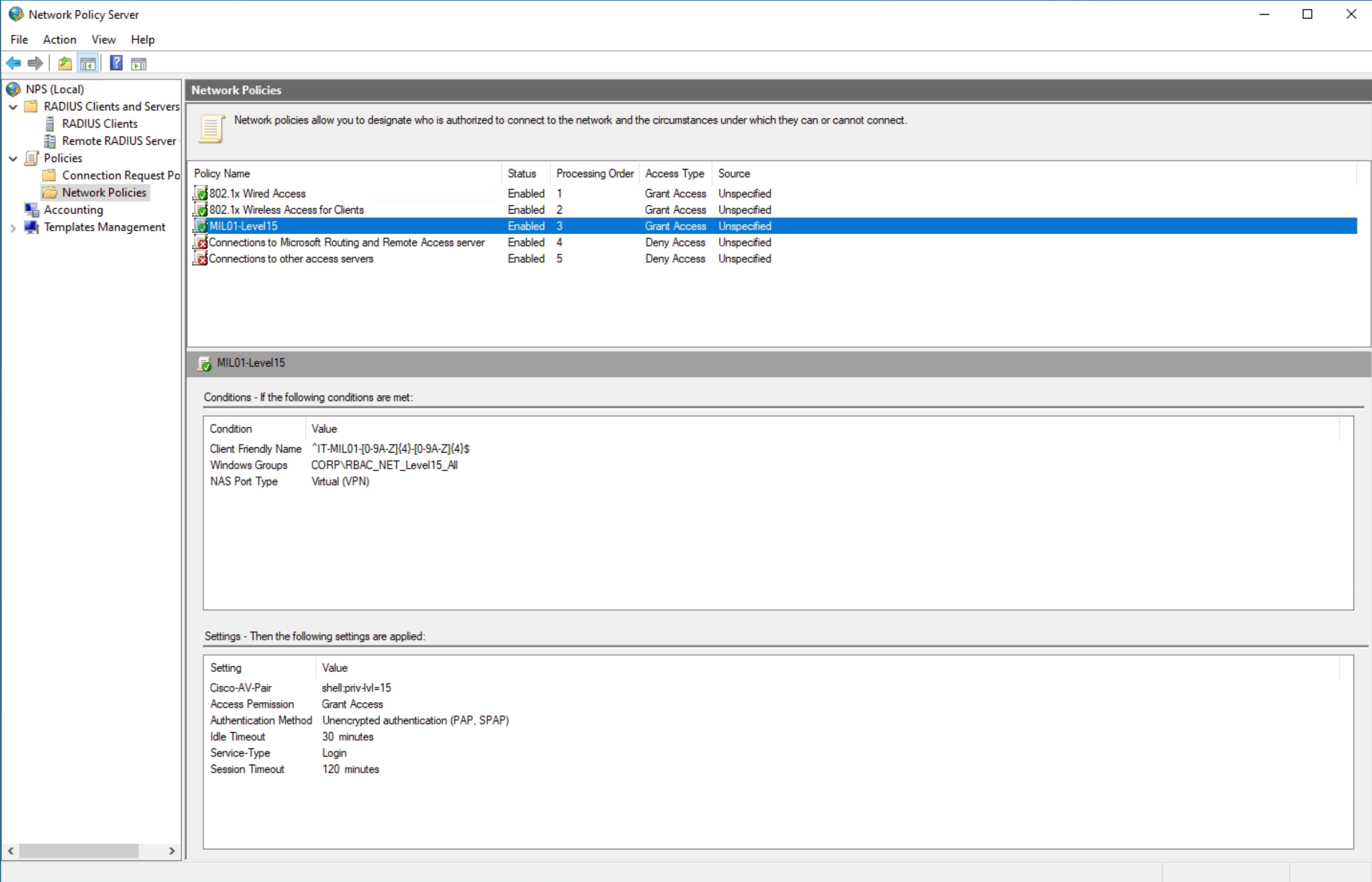 The Microsoft NPS Server showing a policy.